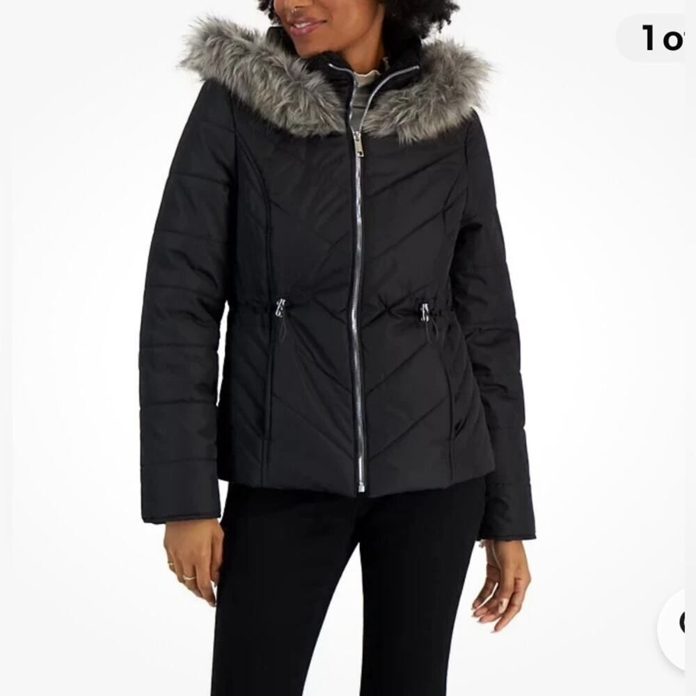 Maralyn & Me Faux-Fur-Trim Hooded Puffer Coat Juniors' XS concrete gray